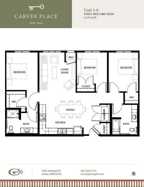 Floor plan for 3 beds, 2 baths, 1189 sqft